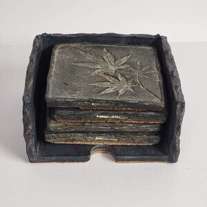 Vintage Hen-Feathers Coasters Leaf Designs 4 Coasters and Holder
